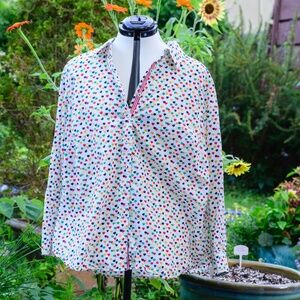 Talbots Charming White button-up shirt w/multi-colored hearts decoration